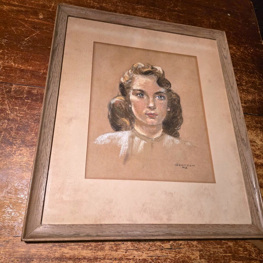 Gentsch 1953 Signed Pastel Portrait Drawing Woman on Paper Matted Framed 20x17